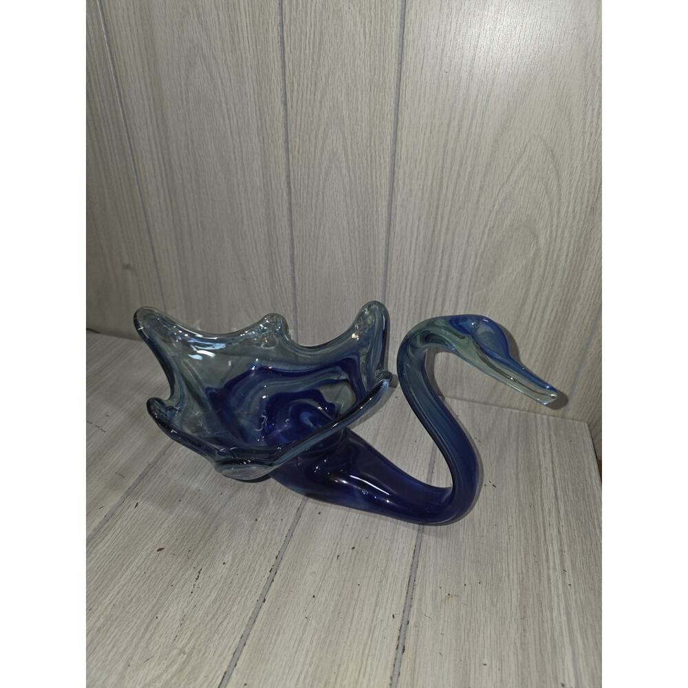 Vtg Swan Candy Dish Hand Blown Cobalt Blue Swirl Art Glass Murano Style MCM